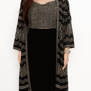 Long heavy shrug with sequence work on crop top and shrug with palazzo pants