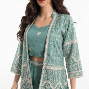 3pc Thread work collared jacket with crop & skirt palazzo