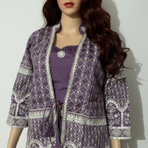 3pc Thread work collared jacket with crop & skirt palazzo