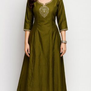 A line kurti with handwork pockets and straight pant